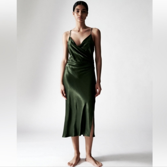 NWT Zara Drape Front Midi Dress Green - Medium - Picture 3 of 6